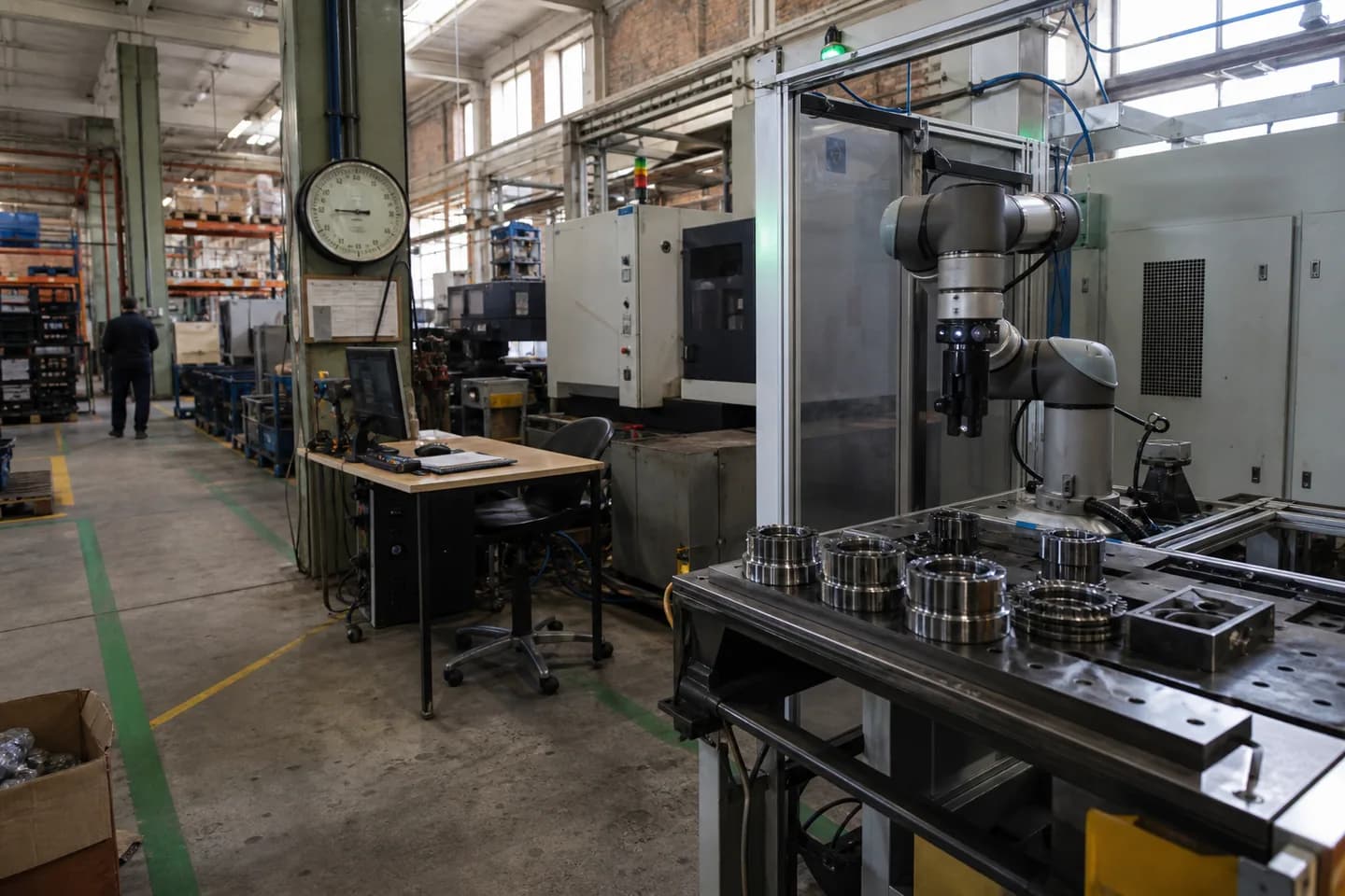 Atelier de producție din România cu robot industrial și echipamente digitale avansate
