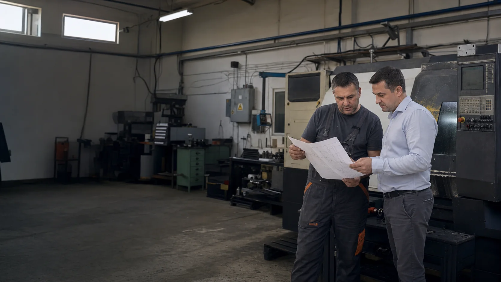 Antreprenor și consultant care analizează un plan de investiții într-un atelier de producție din România