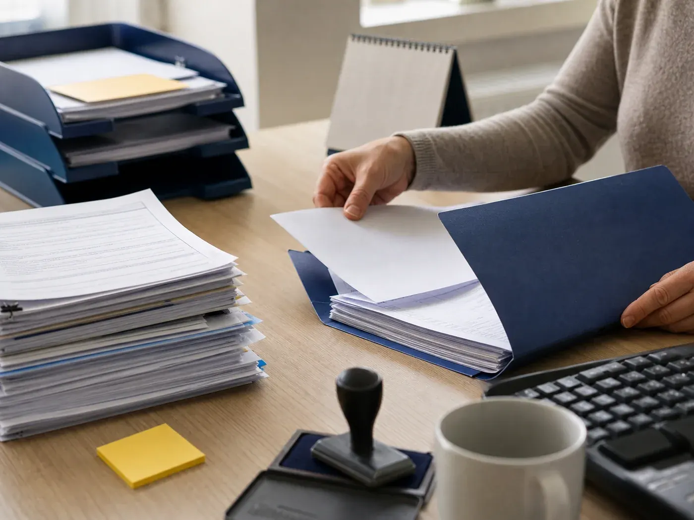 Servicii administrative externalizate cu documente organizate, laptop și flux de lucru
